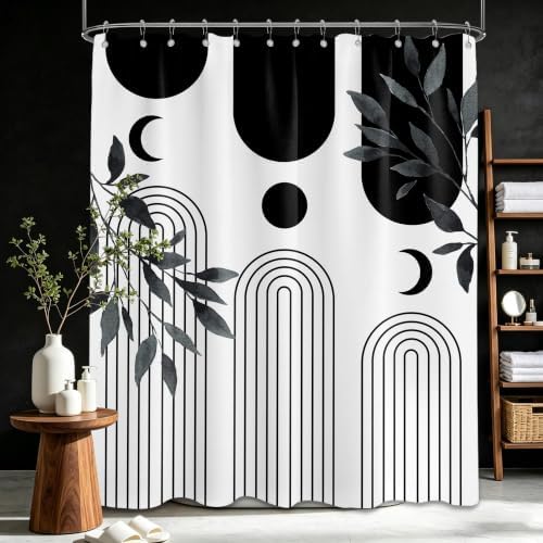Mid Century Modern White and Black Shower Curtain Bohemian MCM Black and White Shower Curtains for Mens Bathroom Decor, Boho Minimalist Pattern, Waterproof Cloth Fabric with Hooks 70x78 in
