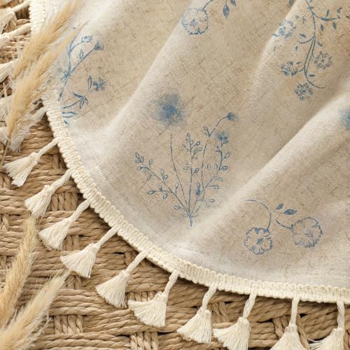 Blue Floral Farmhouse Vintage Linen Shower Curtain with Tassel 72Wx72H
