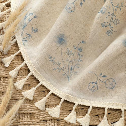 Blue Floral Farmhouse Vintage Linen Shower Curtain with Tassel 72Wx72H