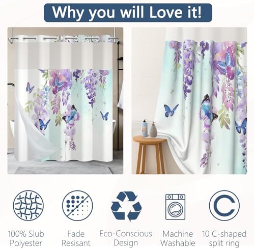No Hook Shower Curtain with Snap in Liner 71x74 Inch
