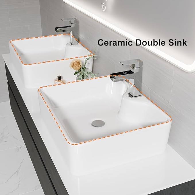 Bathroom Vanity Floating Bathroom Sink Cabinet with Ceramic Vessel Sink Wall Mounted Floating Vanity (Black & White, 59.8" W)