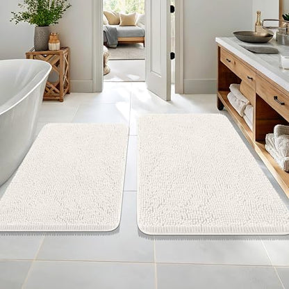 OLANLY Chenille Bathroom Rugs Mats Sets 2 Piece, 36"x24"+30"x20", Ivory