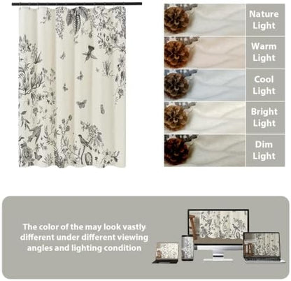 ORTIGIA Linen Shower Curtain Farmhouse Vintage Cottagecore Black Birds Floral Shower Curtains Spring Summer Boho Rustic Decor for Bathroom 72 W x 72 L