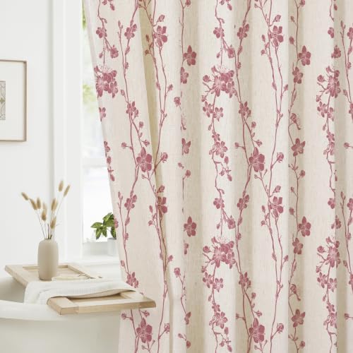 Gibelle Pink Farmhouse Linen Shower Curtain, Boho Floral Fabric, 72 x 84