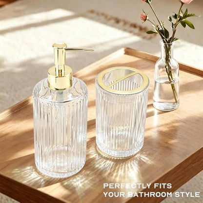 Clear Glass Bathroom Accessories Set, Soap Dispenser and Toothbrush Holder