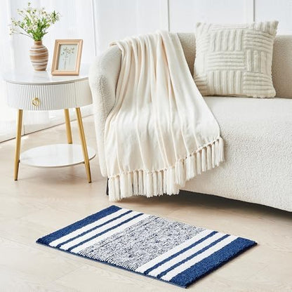 CozeCube Navy Blue Striped 32"x20" Non Slip Washable Bath Mat