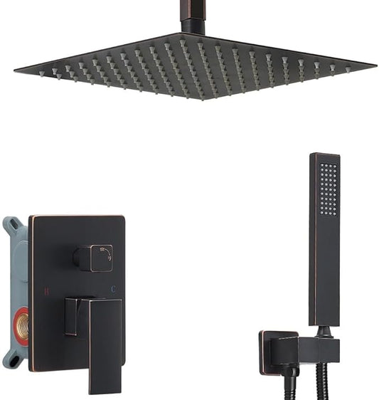 Oil Rubbed Bronze 10 Inch Rain Shower Head Ceiling Mount with Handheld, 59 Inch Hose, Mixer Valve, Bracket Holder, Rain Setting, 1 Handle, Brass, Stainless Steel, Shower Kit