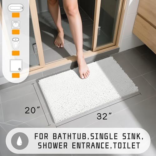 Yimobra Washable Bathroom Rugs, Super Soft & Absorbent Chenille Bath Mat for Floor & Carpet, Quick Dry Non Slip Bath Mat for Tub Shower, 32"x20",White