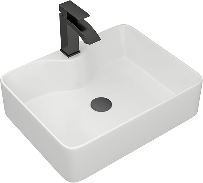 Dcolora 19 In. White Vessel Sink for Bathroom, Rectangular Above Counter Porcelain Ceramic Sink with Black Accessories, 15"D x 19"W x 5"H #DC-SFDOE00086