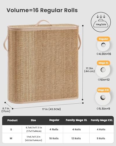 Bamboo Toilet Paper Storage Basket with Lid & Handle - 32L Large Capacity Handwoven Bathroom Organizer for 16 Rolls - Sturdy Stand Holder for Toilet Paper Organization, Carbon Brown