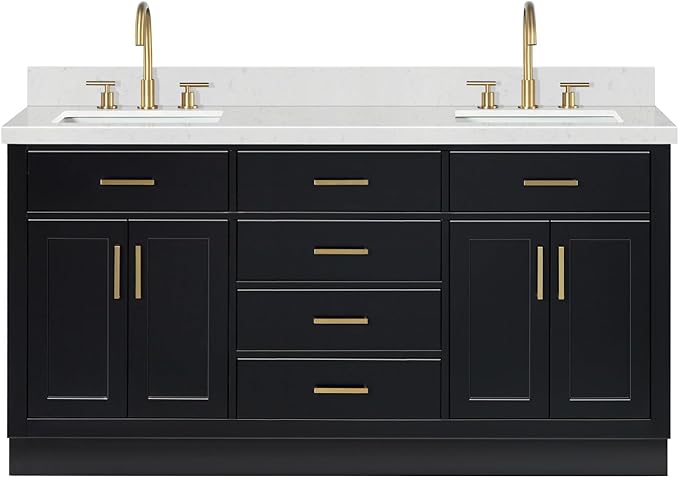 ARIEL Hepburn 66-inch Bathroom Vanity with Sink,Solid Wood, 1.5-inch Carrara White Quartz Countertop & Backsplash, Double Rectangular Porcelain Sink, 4 Soft Closing Doors, 6 Dovetail Drawers, Black