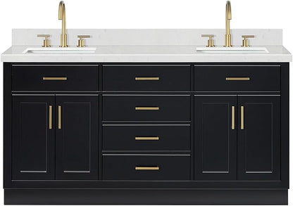 ARIEL Hepburn 66-inch Bathroom Vanity with Sink,Solid Wood, 1.5-inch Carrara White Quartz Countertop & Backsplash, Double Rectangular Porcelain Sink, 4 Soft Closing Doors, 6 Dovetail Drawers, Black