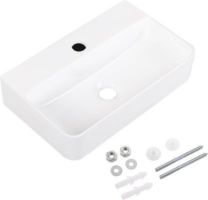 Small Vessel Sink 17.7"x11.2" Wall Mount Bathroom Sink Rectangular White Porcelain Ceramic Floating Tiny Bathroom Wall Mounted RV Sink