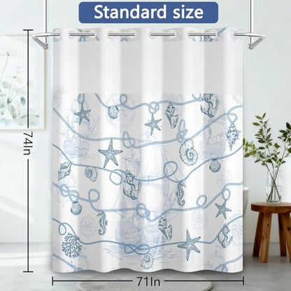 No Hook Nautical Shower Curtain with Snap in Liner 71x74 Inch