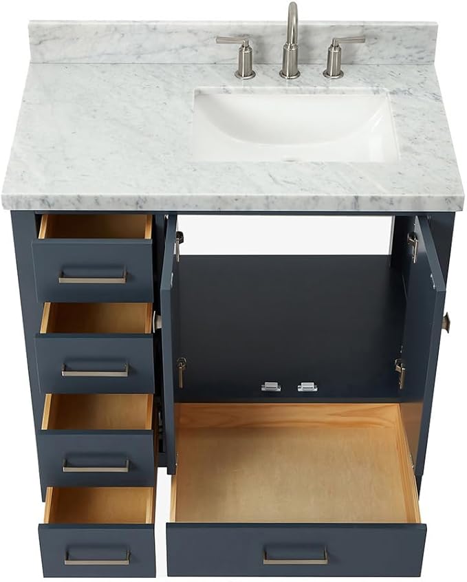 ARIEL Cambridge 36-inch Bathroom Vanity with Sink,Solid Wood, 1.5-inch Italian Carrara Marble Countertop, Single Rectangular Porcelain Sink, 2 Soft Closing Doors, 5 Dovetail Drawers, Midnight Blue