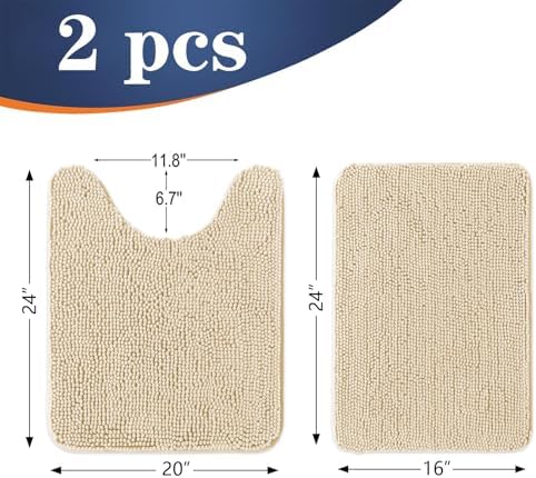 OLANLY Chenille Bathroom Rugs Mats Sets 2 Piece, 24"x16"+24"x20", Beige