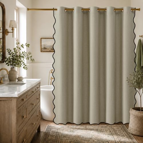 Furlinic Scalloped Shower Curtain 72x75 No Hook Taupe Boho Linen Fabric