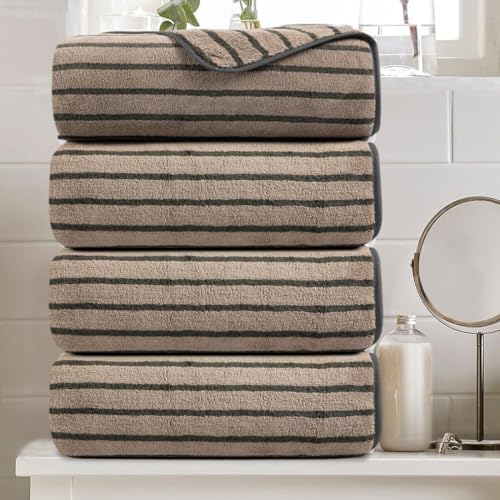 4 Piece Brown Cabana Stripe Large Bath Towels Oversized Bath Sheet Super Soft Breathable Jumbo Bathroom Towels Highly Absorbent Shower Towel Quick Dry Beach Chair Towel Spa Gym Hotel Towel Set