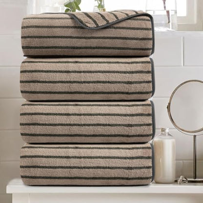 4 Piece Brown Cabana Stripe Large Bath Towels Oversized Bath Sheet Super Soft Breathable Jumbo Bathroom Towels Highly Absorbent Shower Towel Quick Dry Beach Chair Towel Spa Gym Hotel Towel Set