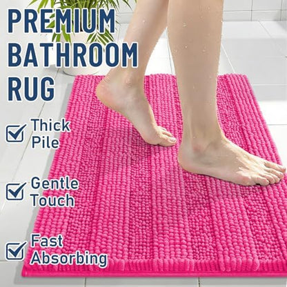 Grandaily Chenille Striped Bathroom Rugs 30x20, Extra Thick and Absorbent Bath Mats, Non-Slip Soft Plush Shaggy Shower Carpet, Machine Wash Dry, Bath Rug for Bathroom, (Medium, Deep Pink)