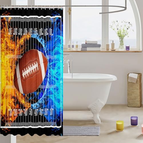 jejeloiu Football Bath Curtain Boys Girls 72"x78" Shower Curtain for Kids Women Men Waterproof Ice Fire Kids Bathroom Accessories
