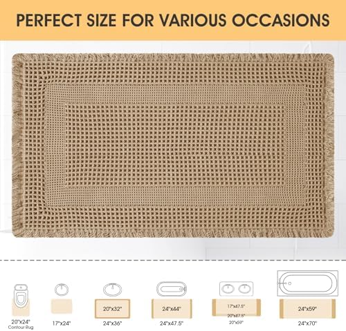 Upgrade Waffle Bath Mat, Boho Bathroom Rugs Absorbent Non Slip, Ultra Soft Bathroom Mat, Machine Washable Knit Bath Rugs with Tassels for Bathroom, Bedroom, Kitchen, Shower, Tub, Beige, 36"x24"
