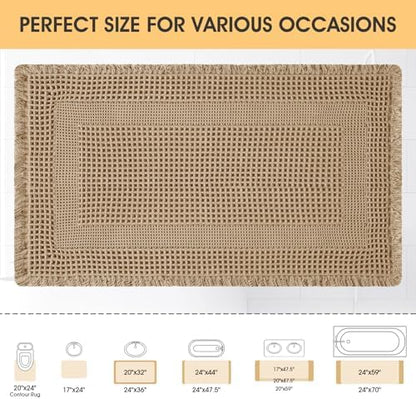 Upgrade Waffle Bath Mat, Boho Bathroom Rugs Absorbent Non Slip, Ultra Soft Bathroom Mat, Machine Washable Knit Bath Rugs with Tassels for Bathroom, Bedroom, Kitchen, Shower, Tub, Beige, 36"x24"