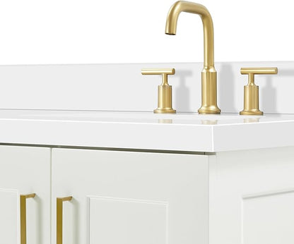 ARIEL Taylor 66-inch Bathroom Vanity with Sink,Solid Wood, 1.5-inch Pure White Quartz Countertop & Backsplash, Double Oval Porcelain Sink, 4 Soft Closing Doors, 5 Dovetail Drawers, Satin Brass, White