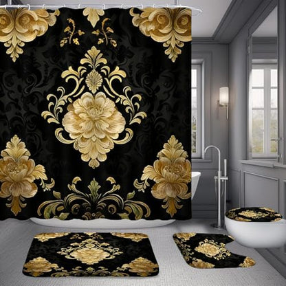 NBVKO 4Pcs Luxury Damascus Gold Flower Shower Curtain Set with 12 Hooks Non-Slip Rugs,Toilet Lid Cover and Bath Mat,Dark Gold Bathroom Decor for Hotel & Home Bathroom