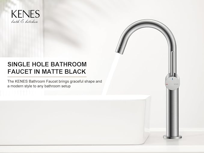 KENES Brushed Nickel Vessel Sink Faucet, Single Handle Tall Bathroom Faucet Single Hole, Modern Bathroom Vanity Faucet with Pop Up Drain and Supply Lines, KE-9005C