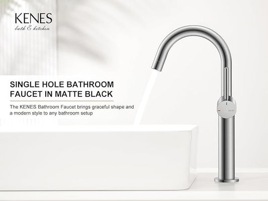 KENES Brushed Nickel Vessel Sink Faucet, Single Handle Tall Bathroom Faucet Single Hole, Modern Bathroom Vanity Faucet with Pop Up Drain and Supply Lines, KE-9005C