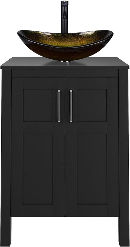 YOURLITE 24" Bathroom Vanity with Sink, Black Bathroom Vanity Cabinet with Faucet & Pop Up Drain Set,Traditional Vanity with Black Glass Bowl Bathroom Sink