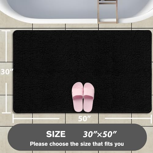 Bathroom Rugs 30 x 50 Inch – Extra Large Bath Mat | Absorbent and Washable Thick Chenille Bath Rugs Non-Slip Runner Rug for Bathroom, Shower, Tub(Black)