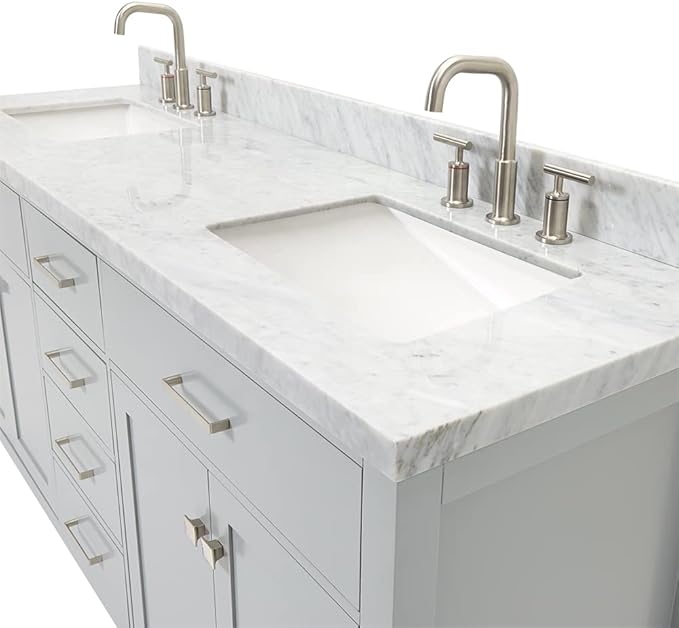 ARIEL Bristol 73" Grey Double Vanity, 1.5" Edge Italian Carrara Marble Countertop & Splash, Rectangular Sinks, 2 Soft Closing Doors, 4 Full Extension Dovetail Drawers, Polished Chrome