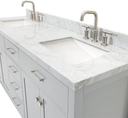 ARIEL Bristol 73" Grey Double Vanity, 1.5" Edge Italian Carrara Marble Countertop & Splash, Rectangular Sinks, 2 Soft Closing Doors, 4 Full Extension Dovetail Drawers, Polished Chrome