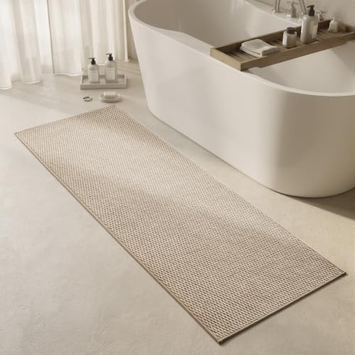 Triohero Bathroom Runner Rugs, Long Bath Mat Runner Washable Thin Quick Dry Low Pile Bathroom Runner Rugs Non Slip, Beige 24x70