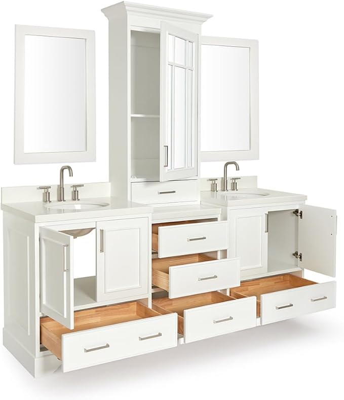 ARIEL Stafford 84-inch Bathroom Vanity with Sink,Solid Wood, 1.5-inch Pure White Quartz Countertop & Backsplash, Double Oval Porcelain Sink, 5 Soft Closing Doors, 6 Dovetail Drawers, White