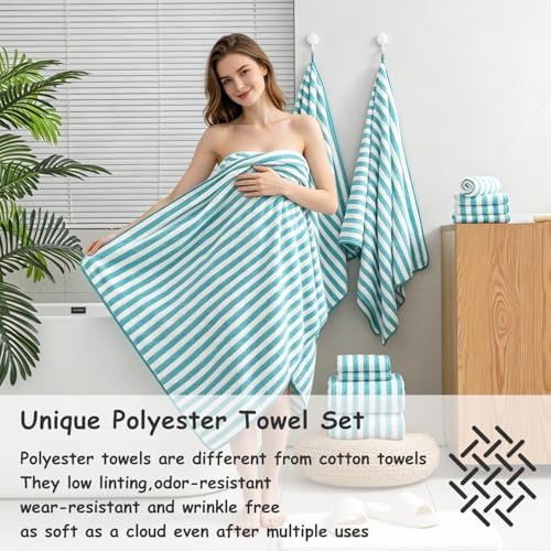 8 Pcs Turquoise Cabana Stripe Large Bath Towel Set-2 Bathroom Towels,2 Hand Towels,4 Washcloths Lightweight Soft Microfiber Bath Sheet Absorbent Shower Towel Quick Dry Beach Chair Spa Gym Hotel Towels