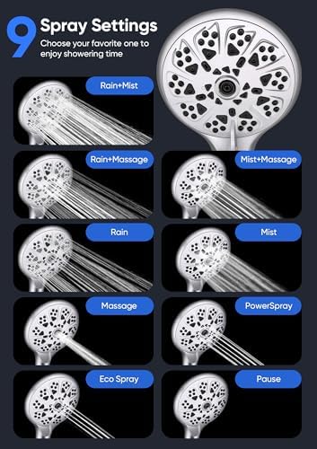 Shower Head with Handheld High Pressure, Rain Shower Head with Fixed Showerhead and 9 Sprays Handheld Shower, Detachable 2-IN-1 Shower head with 59" Rotatable Stainless Steel Hose (Chrome)