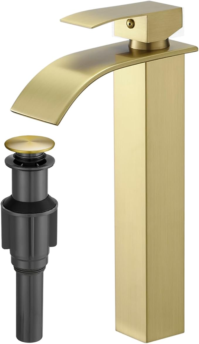 RUMOSE Tall Brushed Gold Bathroom Faucet with Pop Up Drain Modern Single Handle One Hole Bathroom Vessel Sink Faucet Waterfall Spout Rv Lavatory Vanity Faucet Deck Mount Mixer Tap, Stainless Steel