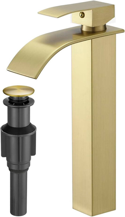 RUMOSE Tall Brushed Gold Bathroom Faucet with Pop Up Drain Modern Single Handle One Hole Bathroom Vessel Sink Faucet Waterfall Spout Rv Lavatory Vanity Faucet Deck Mount Mixer Tap, Stainless Steel