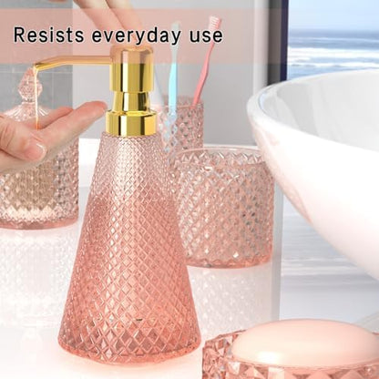Pink Glass Bathroom Accessories Set 5 Pcs, Pink Bathroom Set, Soap Dispenser and Toothbrush Holder Set, Qtip Holder Set, Vintage Bathroom Sink Set, Cute Bathroom Decor