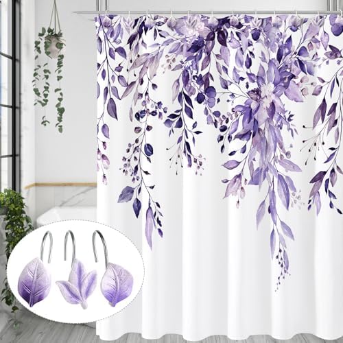 Purple Plant Leaf Shower Curtain Hooks,Eucalyptus Bathroom Decor,12PCS