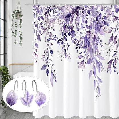 Purple Plant Leaf Shower Curtain Hooks,Eucalyptus Bathroom Decor,12PCS