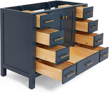 ARIEL Cambridge 42-inch Bathroom Vanity Base Cabinet,Solid Wood, 2 Soft Closing Doors, 9 Dovetail Drawers, Midnight Blue