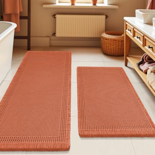 Upgrade Waffle Bath Mat Set 2 Piece, Boho Bathroom Rugs Absorbent Non Slip, Ultra Soft Bathroom Mat, Machine Washable Knit Bath Rugs with Border for Bathroom, Bedroom, Kitchen, Shower, Burnt Orange