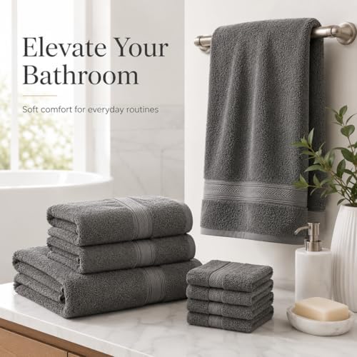 BIOLINEN Grey Towel Set 8 Piece Bathroom Set, 2 Bath Towels 2 Hand Towels 4 Washcloths, 100% Cotton Soft Absorbent Towel Sets for Bathroom, Gym, Spa