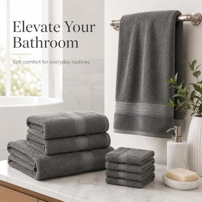 BIOLINEN Grey Towel Set 8 Piece Bathroom Set, 2 Bath Towels 2 Hand Towels 4 Washcloths, 100% Cotton Soft Absorbent Towel Sets for Bathroom, Gym, Spa