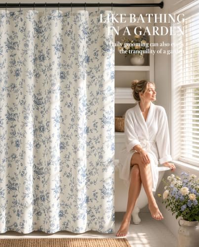 jinchan Linen Shower Curtain for Bathroom with 12 Hooks, Blue, 70x72