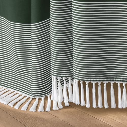 Dark Green Boho Cotton Striped Shower Curtain with Tassel 72"W X 72"L